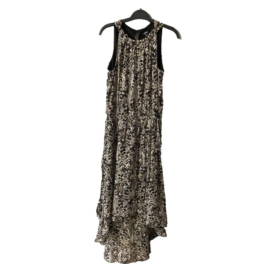 MSK Midi Dress 14 Black Cream Brown Flowy W Tassel Belt Washable Sleeveless